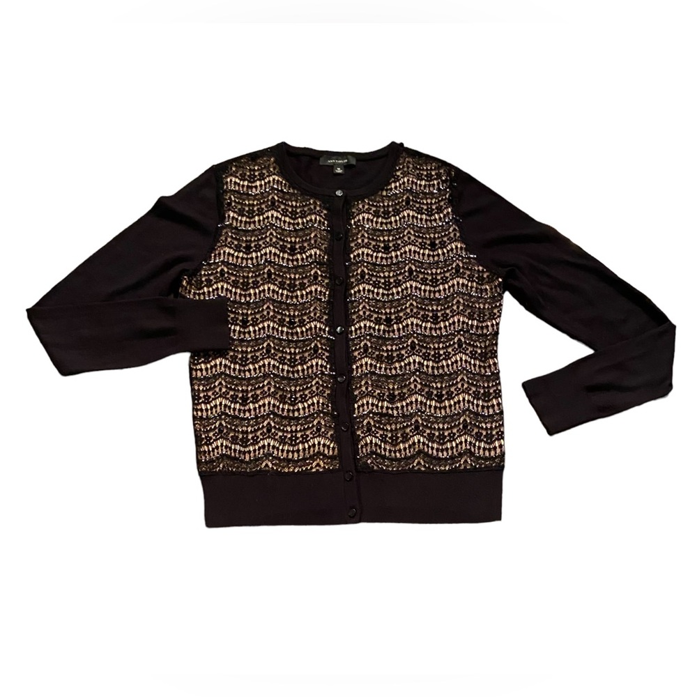 Ann Taylor emblished holiday cardigan in black and beige with lace overl…